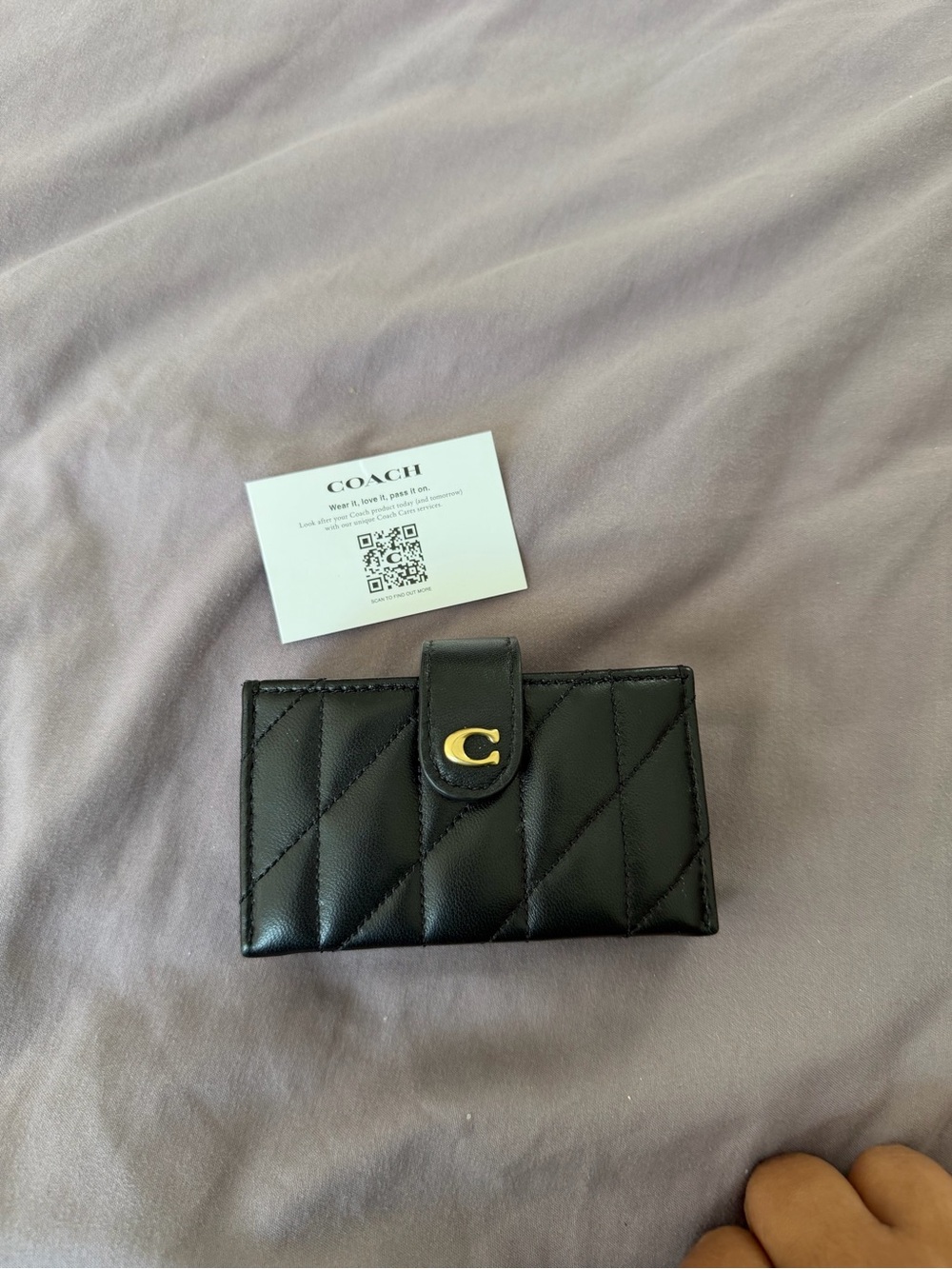 Coach Black Quilted Leather Card & Key Holder with Gold C